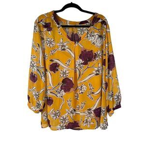 Liz Claiborne Yellow Purple‎ Floral Blouse Attached Tank Top